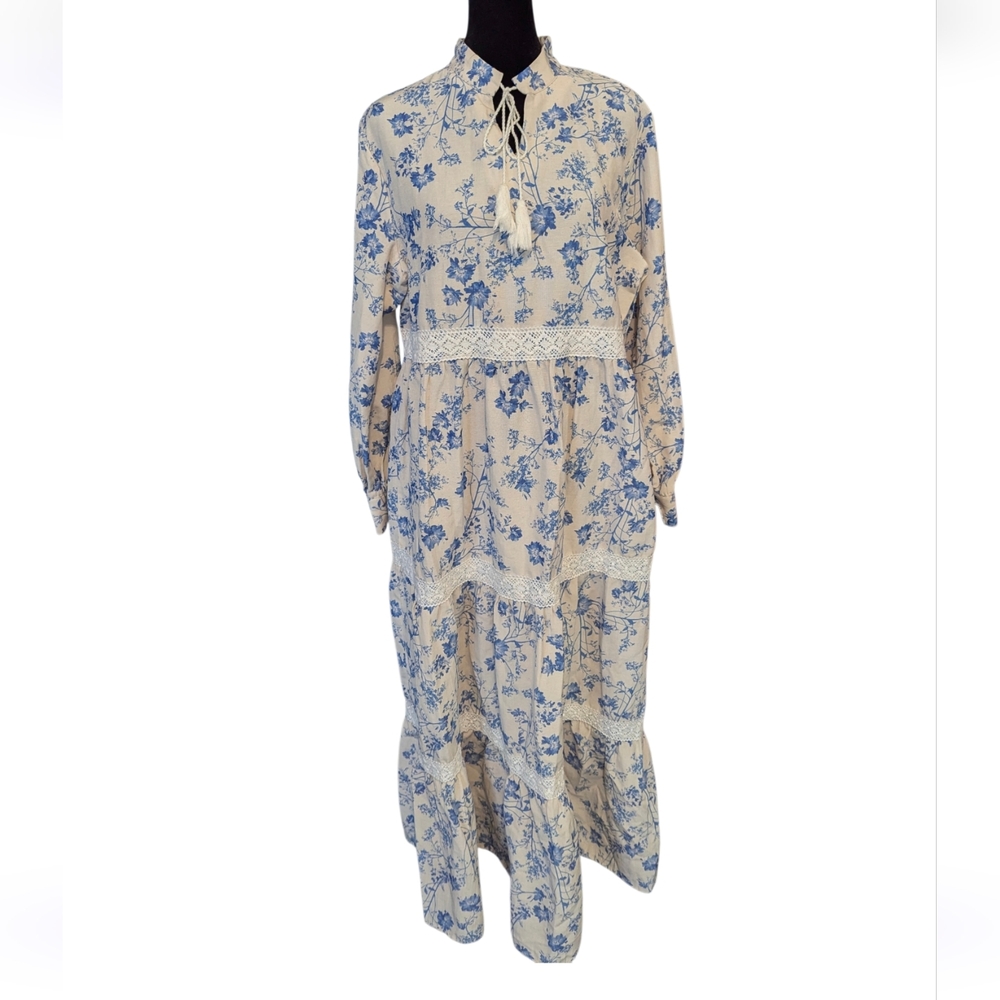 Boho Hippie Floral Blue and Cream Women's Dress Long And Long Sleeve